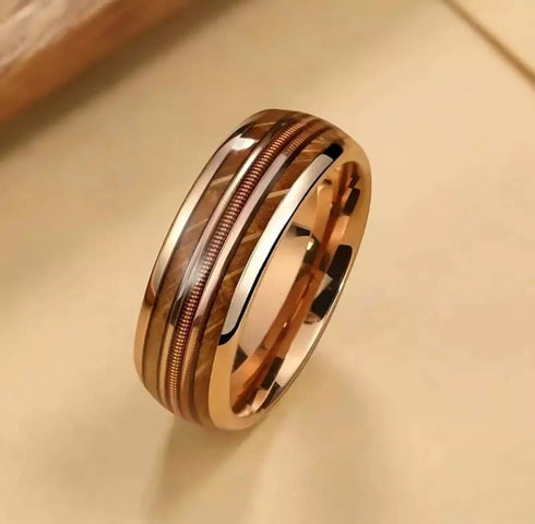 Men 8mm Tungsten Guitar String Whisky Barrel Wood Inlay Engagement Wedding Band